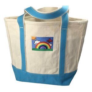 Lands End Canvas Tote NWT Embroidered Rainbow Open Top Natural Turquoise Medium